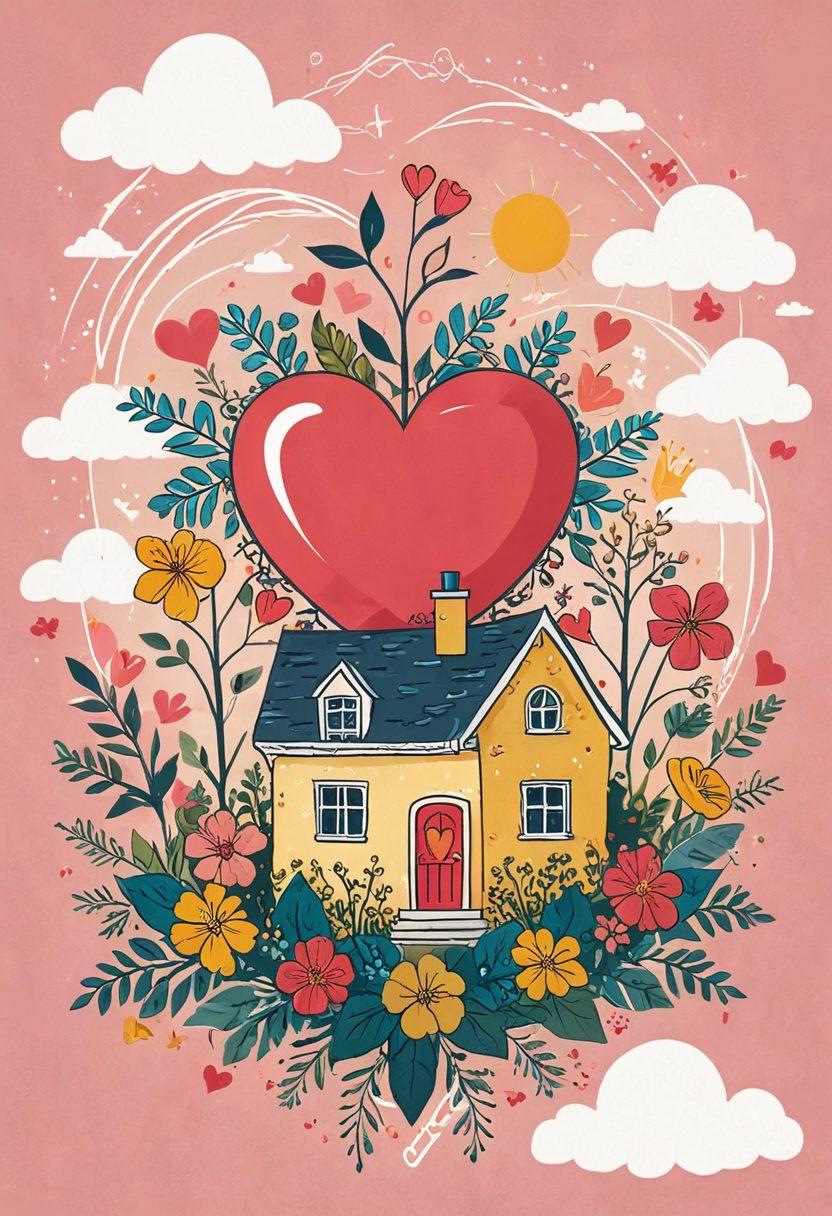 A whimsical illustration of a heart intertwined with various insurance symbols like a house, car, and medical cross, symbolizing love and commitment in coverage choices. The heart is surrounded by soft clouds and floating arrows indicating direction, conveying a sense of guidance. Use warm colors to evoke feelings of love and security. Add subtle elements of nature, like flowers and vines, representing growth in relationships. vibrant colors. illustration style.