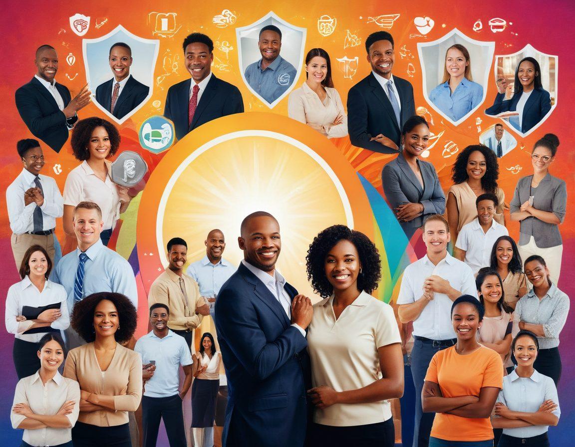 A collage of diverse people representing various partnerships, such as family, friends, and colleagues, engaged in activities that highlight their commitment to each other. In the background, symbols of insurance like shields and dollar signs subtly blend in, reflecting security and support. Soft, warm lighting to evoke trust and connection. super-realistic. vibrant colors. warm background.