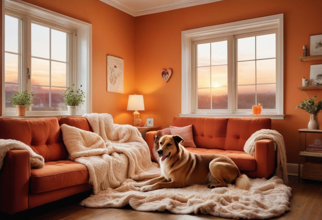 A cozy room with a couple sitting together, joyfully reviewing insurance policies on a laptop, surrounded by heart-shaped decorations and warm lighting. A playful dog rests at their feet, symbolizing companionship, while a soft blanket is draped over their knees. Include subtle images of hearts in the background and a window showing a beautiful sunset. super-realistic. warm colors. intimate atmosphere.
